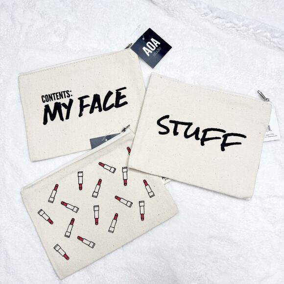 AOA Cream Canvas Makeup Zipper Travel Bags Set of 3 NEW - Picture 1 of 4